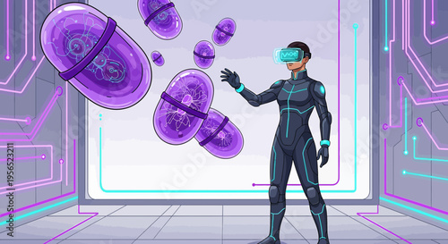 Virtual pharmaceutical research futuristic scene innovative drug development environment