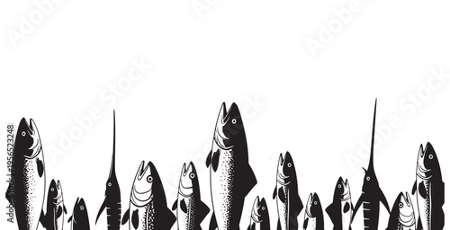A black and white illustration of various fish species standing upright, creating a border at the bottom of the frame.