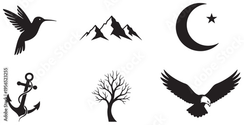 Set of black and white silhouette icons featuring a hummingbird, mountains, crescent moon, anchor, bare tree, and eagle.