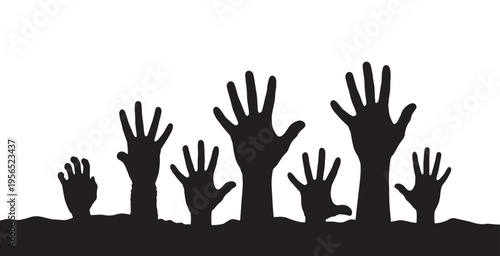 Black silhouettes of multiple hands reaching up from below, isolated on a white background, symbolizing help, protest, or unity.