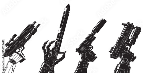 A set of four futuristic weapon illustrations, featuring various firearms and a blade, rendered in a stylized black and white comic art style.
