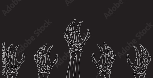 Spooky Halloween skeleton hands reaching up from the bottom of a dark background, perfect for a creepy and eerie design.