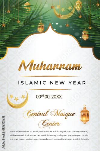 Islamic new year muharram celebration concepet, With golden lantern, Crescent moon, And arabic decorative pattern, Religion template