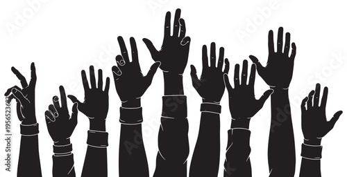 Silhouettes of many raised hands reaching up, symbolizing participation, voting, or asking questions in a group setting.