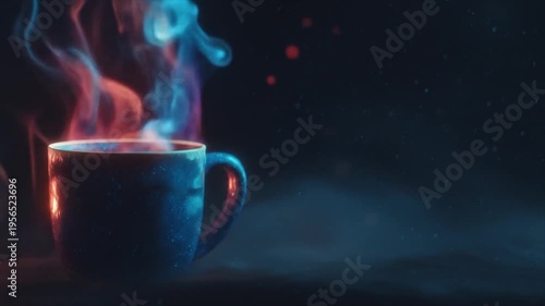 Steaming mug with colorful smoke rising against dark background