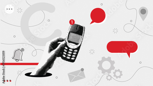 Retro Halftone Hand Holding Mobile Phone with Notification Bubble Pop Art Communication Concept Background