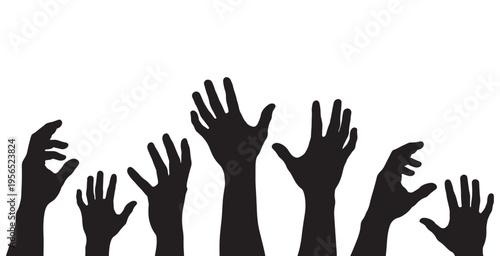 Silhouettes of raised hands reaching upwards, symbolizing help, support, and community engagement.