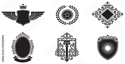 Set of six ornate heraldic emblems and badges, perfect for vintage designs and decorative elements.