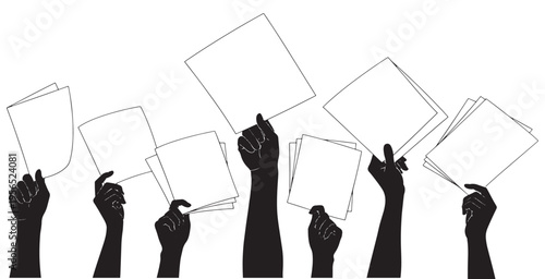 Silhouettes of hands holding up blank white papers, symbolizing voting, protest, or sharing ideas.