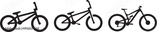 Three stylized line art illustrations of bicycles in a row, showing different angles