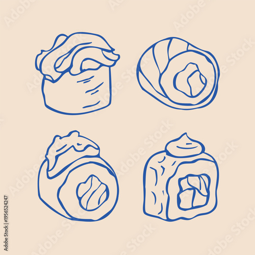 Hand Drawn Sushi Doodles Set .Vector Line Art Illustration of Japanese Food