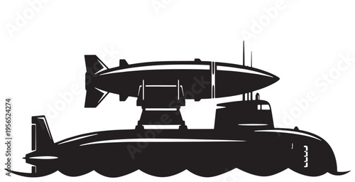Submarine with torpedo missile launcher on top in black and white retro style.