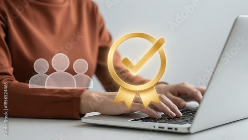 Person working on laptop with verification badge and user icons on screen  online approval concept