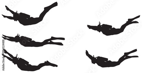 Silhouettes of divers in various underwater positions, showcasing dynamic movement and exploration.