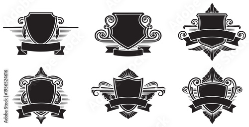 Set of six vintage heraldic shields with ornate frames and blank ribbons, perfect for design elements.