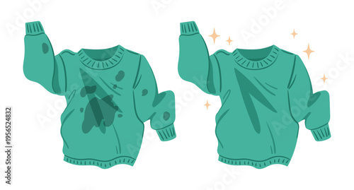 Dirty and clean jumper. Stained and wrinkled clothing become clean and fresh, laundry apparel flat vector illustration. Cartoon cotton jumper cleaning concept on white background