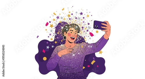 Vibrant woman capturing a festive moment with a selfie amidst stars and confetti