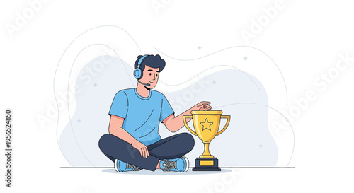 Victorious gamer with golden trophy celebrating gaming tournament achievement success