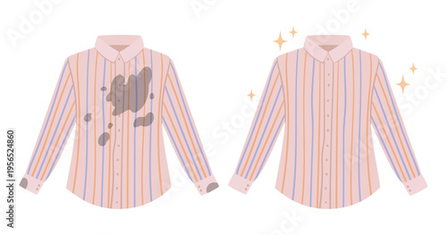 Dirty and clean shirt. Stained and wrinkled clothing become clean and fresh, laundry apparel flat vector illustration. Cartoon cotton shirt cleaning concept on white background