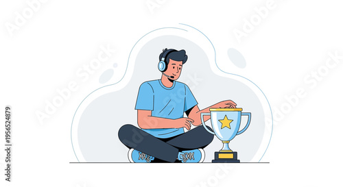 Victorious online gamer with a trophy showcasing virtual achievements in competitive gaming