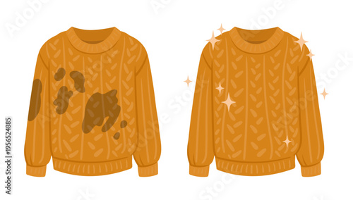 Dirty and clean sweater. Wrinkled stained clothing become clean and fresh, laundry apparel flat vector illustration. Cartoon jumper cleaning concept on white background
