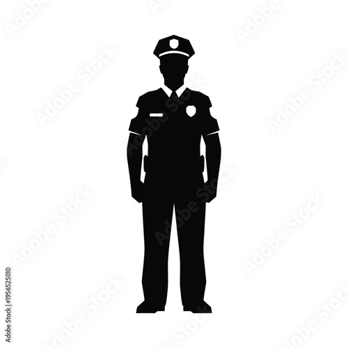 Silhouette of a police officer in uniform standing at attention, full body view, professional pose