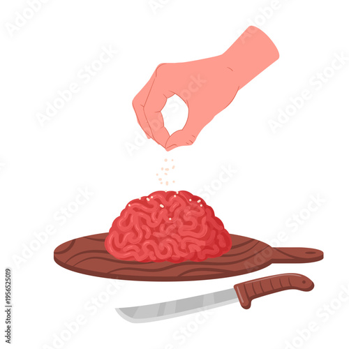Hand salting ground beef. Minced pork seasoning, delicious meat product, ground beef salting process flat vector illustration. Cartoon ground meat cooking on white