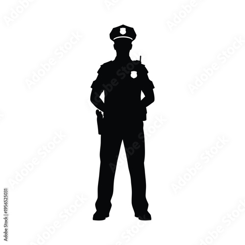 Silhouette of a police officer standing confidently in uniform with equipment, exuding authority and vigilance.
