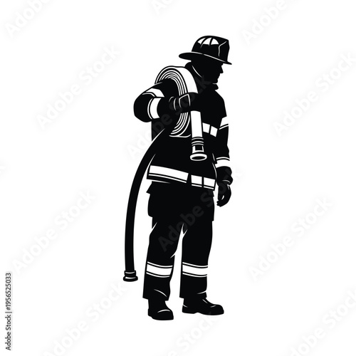 Silhouette of a firefighter in full gear, holding a hose, standing ready for action against a white background