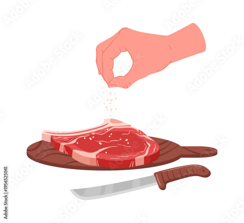 Hand salting meat steak. Beef steak seasoning, delicious meat product, meat steak salting process flat vector illustration. Cartoon meat slice cooking on white