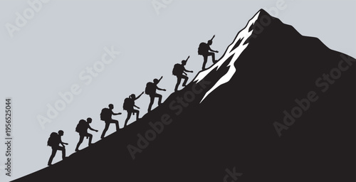Silhouettes of climbers ascending a steep mountain peak, symbolizing challenge, teamwork, and achievement in a minimalist vector illustration.