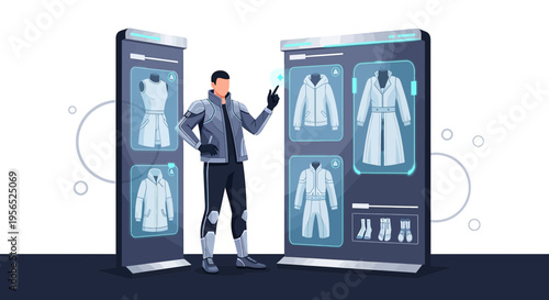 Virtual fashion experience with digital interface for garment selection and futuristic interaction