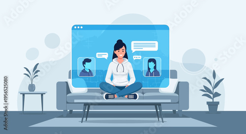 Virtual gathering vector illustration of a young woman connecting with friends online with chat