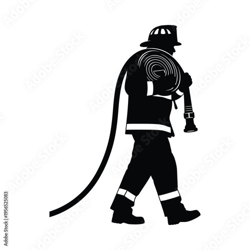 Silhouette of a firefighter in gear, holding a hose, ready for action against a white background