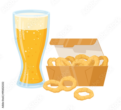 Onion rings and beer. Cartoon fast food set, junk food menu, deep-fried onion rings and lager flat vector illustration. Takeaway fast food meal isolated on white