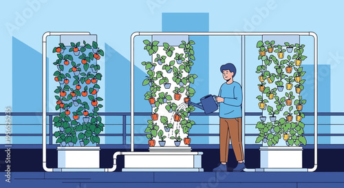 Urban vertical gardening system with a person watering crops on a balcony garden setting