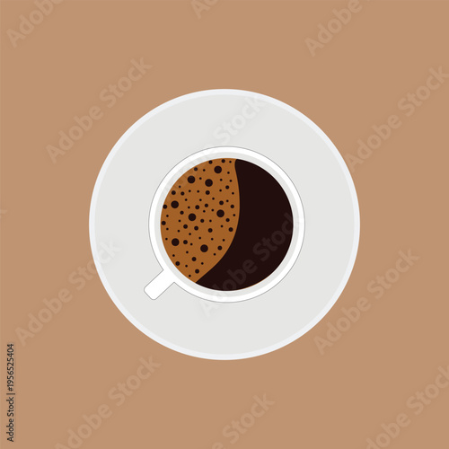 Top view hot coffee cup on saucer flat illustration