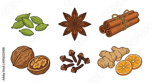 A colorful illustration featuring various spices nuts and citrus fruits