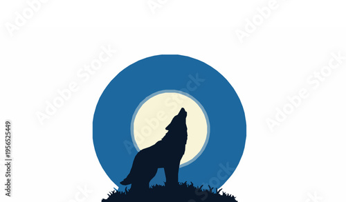 Lone wolf howling silhouette with full moon and stars wildlife vector illustration