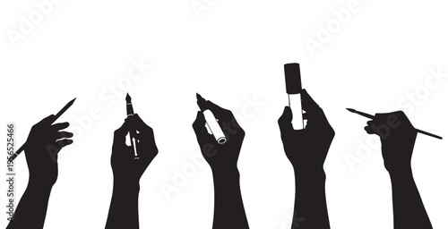 Set of five human hands holding various writing and drawing tools, silhouetted against a white background, depicting creativity and artistry.