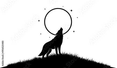 Wolf howling at full moon silhouette vector wild nocturnal nature illustration