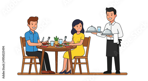 A couple enjoys a meal served by a waiter in a restaurant setting