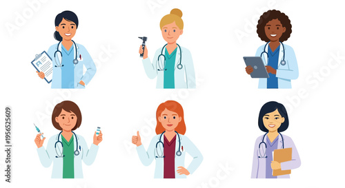 Diverse group of female doctors and healthcare professionals illustrated