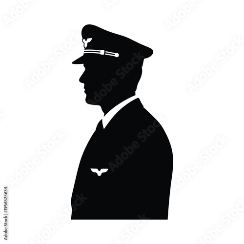 Silhouette of a pilot in uniform with cap and wings badge, standing in profile view against white background