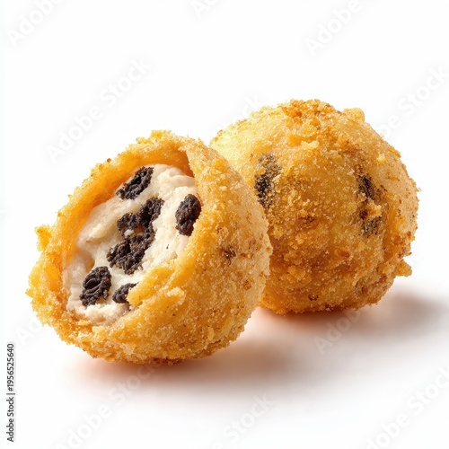 Indulgent Deep Fried Oreo Cookies: Golden Crunchy Dessert with Creamy Cookie-Filled Center. Isolated Sweet Treat, Perfect for Menus and Ad Campaigns on White.