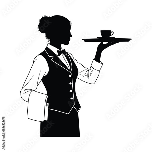 Silhouette of a waitress in uniform carrying a tray with a cup, elegant and professional service