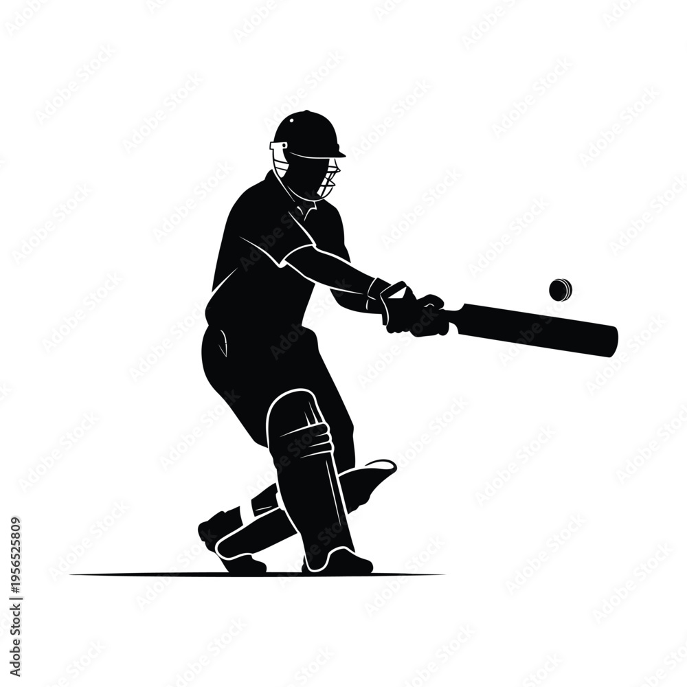 Obraz premium Silhouette of a cricketer in action, swinging a bat at a ball during a match, dynamic pose