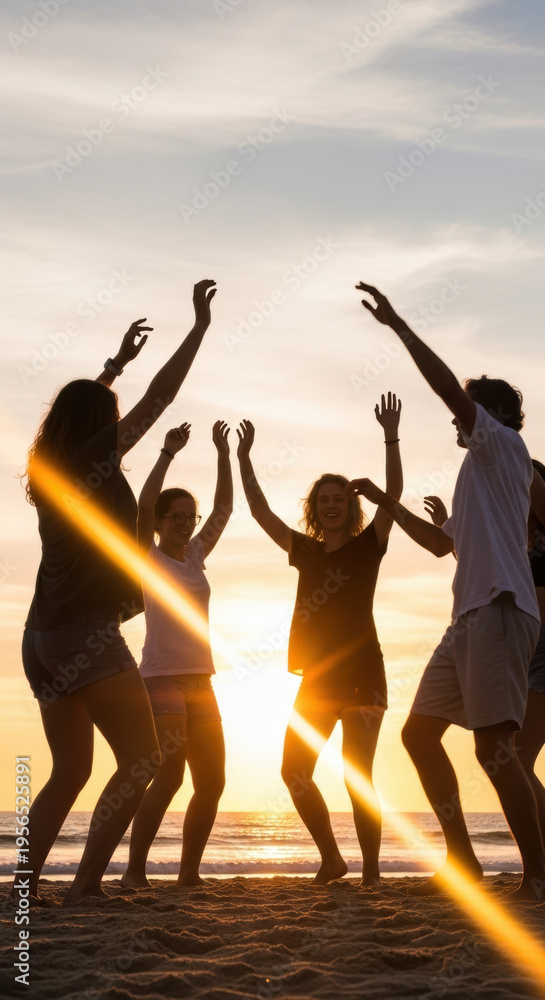 Obraz premium Joyful Group of Friends Dancing and Celebrating on Sunset Beach