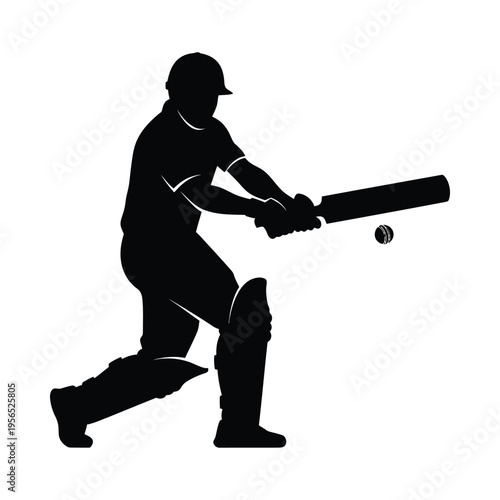 Silhouette of a cricketer in action, swinging a bat at a ball in a dynamic pose, capturing the intensity of the sport