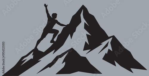 Silhouette of a man climbing a mountain, symbolizing success, challenge, and achievement in a minimalist design.